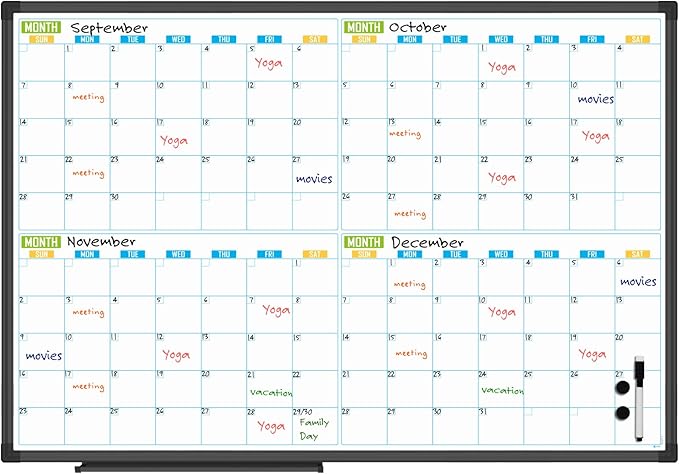 Lockways 36" x 24" Magnetic Dry Erase Calendar Whiteboard - 4-Month Framed Planner with Aluminum Frame,Wall Mountable Office/Home/School Organization Board for Messages, Presentations & Memos