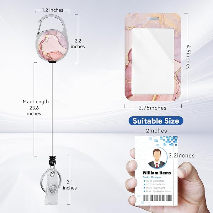 2 Pack Marble ID Badge Holder with Heavy Duty Retractable Reel Keychain for WomenStudents,Teachers, Nurses, Office Use