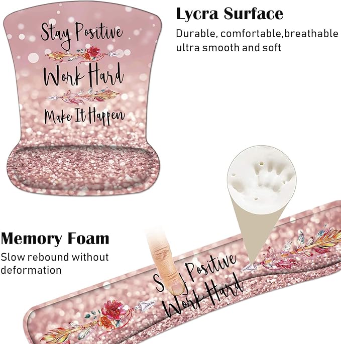 Keyboard Wrist Rest and Mouse Pad Wrist Support Set with Coasters, Inspirational Quote Stay Positive Work Hard and Make It Happen Wrist Mouse Pad with Non-Slip PU Base for Computer Laptop Home Office