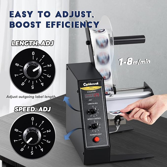 CGOLDENWALL Upgraded Automatic Label Dispenser, Up to 9 Multi-Row Counting, High Precision Auto Sensing, Speed Adjustable, Length 0.12-5.9" Width 0.16-5.5", Sticker Dispenser for Rolls Various Labels