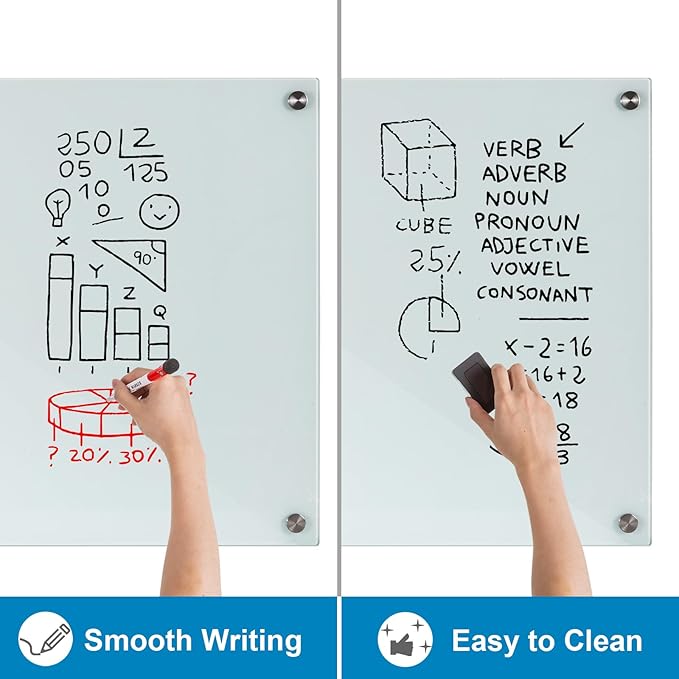 Glass Dry Erase Board, 48 x 36 Inches Magnetic Glass Whiteboard for Wall, 4' x 3' Frameless Board for Office, Home, School