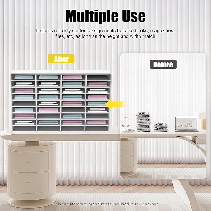 36 Slots Literature Organizer, Desktop Paper & Mail File Sorter for Classroom/Office/Home, PVC File Storage Cabinet with Adjustable Compartments, Multi-Purpose Mail Center (White-36 Compartments)