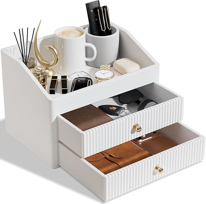 Desk Organizer,Beige White Vegan Leather Desk Accessories & Workspace Organizers with 2 Drawers & Tray,Key Holder with Gold-Tone Metal Accents knob，Jewelry Box,Nightstand