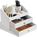 Desk Organizer,Beige White Vegan Leather Desk Accessories & Workspace Organizers with 2 Drawers & Tray,Key Holder with Gold-Tone Metal Accents knob，Jewelry Box,Nightstand