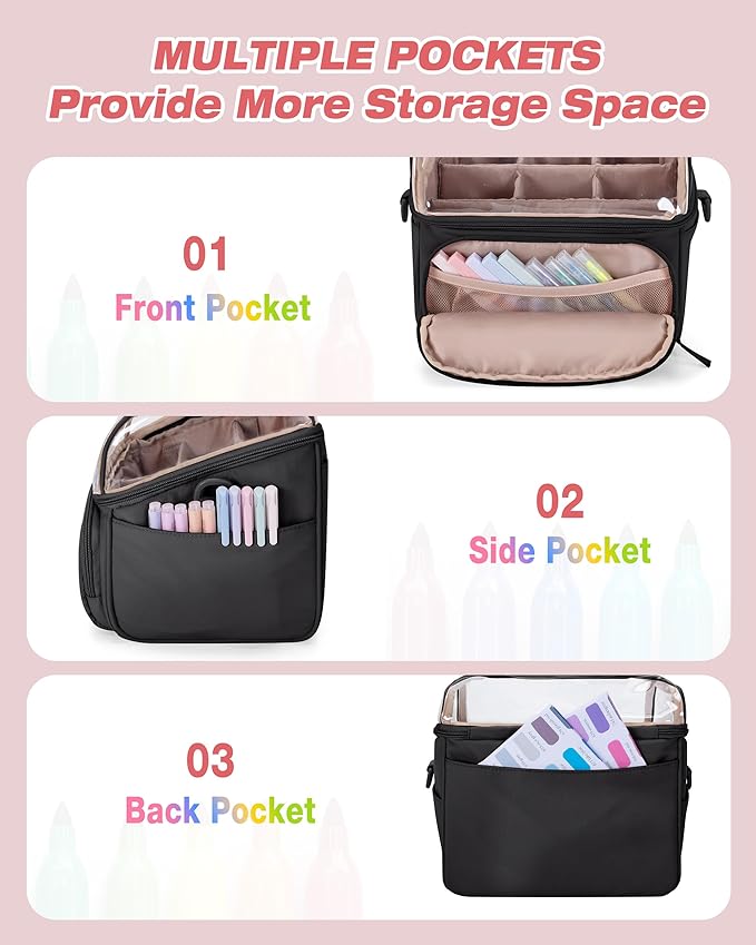 Quilted Marker Organizer Case Holds 180 Markers, Marker Storage Organizer Bag with Dividers and Multiple Pockets (Bag Only), Black
