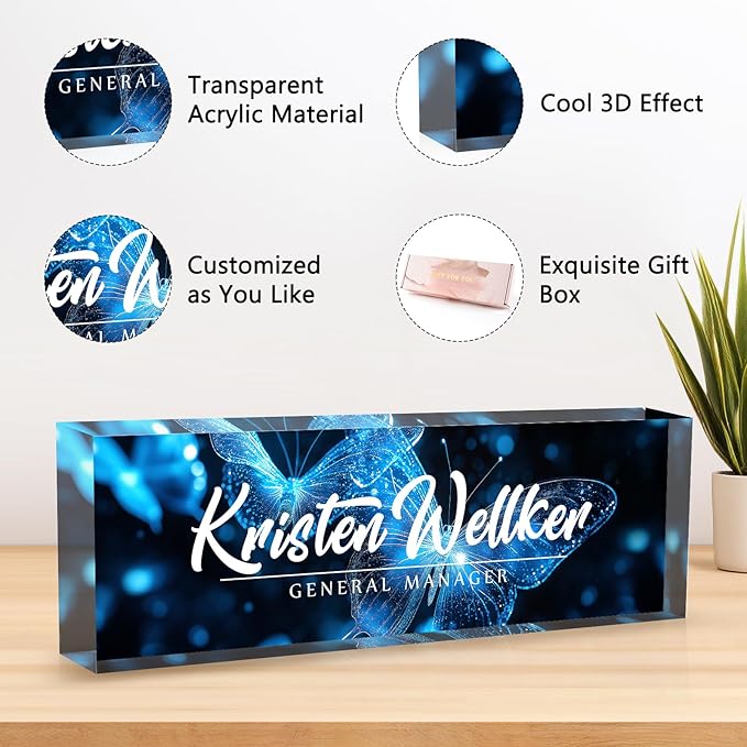 Desk Name Plate Personalized Name Plate for Desk, Office Desk Decor, 3D Style Personalized Plaque Name Plates for Desks Custom Appreciation Gifts for Boss Lady Employee Coworkers (Ice Butterfly)