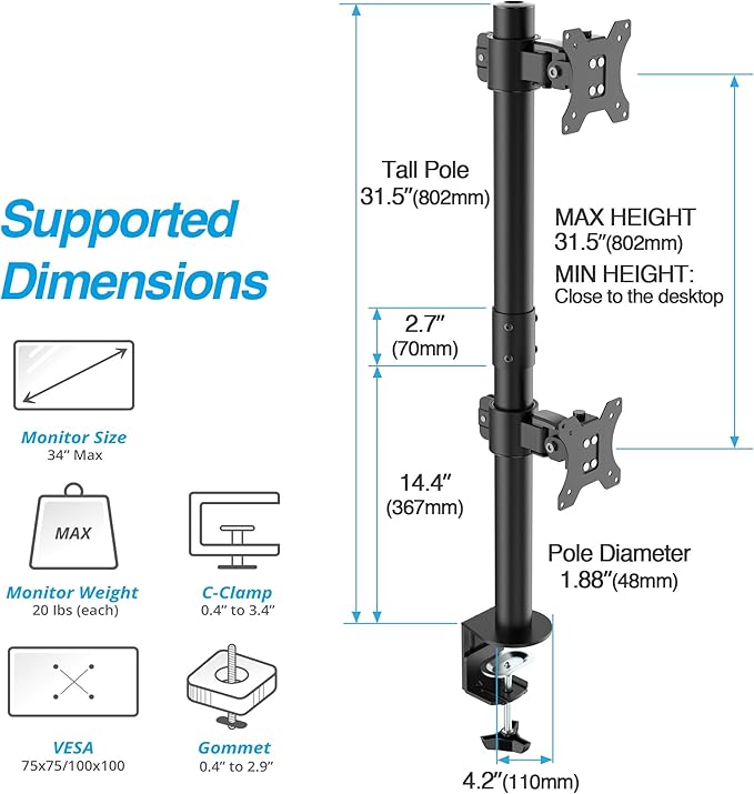 AVLT 38" Vertical Ultrawide Monitor Mount Stand Two Stacked 26.5 lbs Screens on Heavy-Duty Pole Save Workspace with Fine-Tune Height Tilt Swivel Rotate Adjustment C-clamp and Grommet Mounting Base