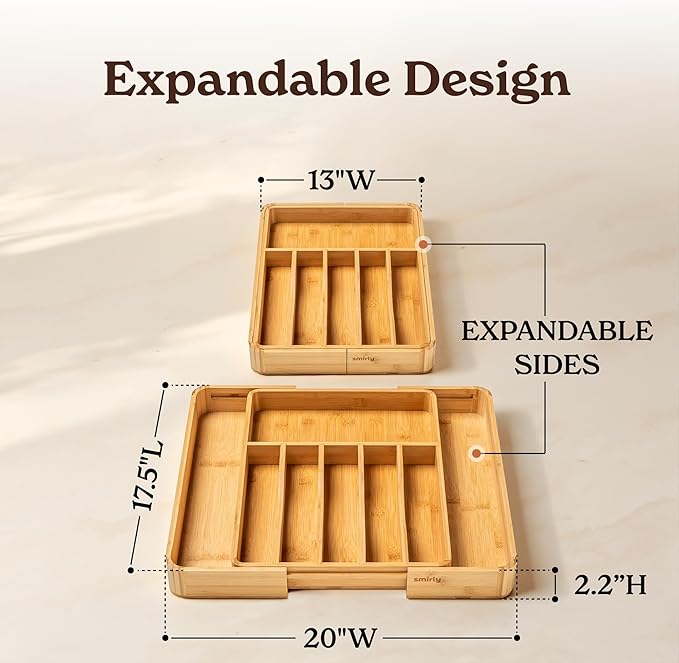SMIRLY Silverware Drawer Organizer – Bamboo Kitchen Drawer Organizer, Adjustable Utensil Holder and Cutlery Tray, Drawer Dividers for Flatware and Kitchen Utensils