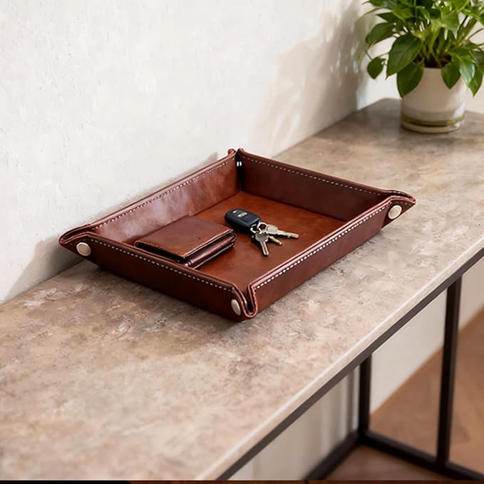 Leather Valet Tray Organizer, Catchall Tray, Desktop Storage for Keys, Coins, Wallet, Phone, Jewelry | Multi-Use Entryway Table, Desk & Nightstand Storage for Men & Women (Maroon)