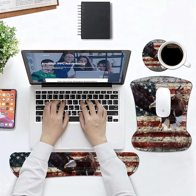 Keyboard Wrist Rest and Mouse Pad Wrist Support Set with Coasters, Non-Slip PU Base Ergonomic Mousepad for Computer Laptop Home Office Easy Typing & Pain Relief, Military Wall Graffiti USA Flag Eagle