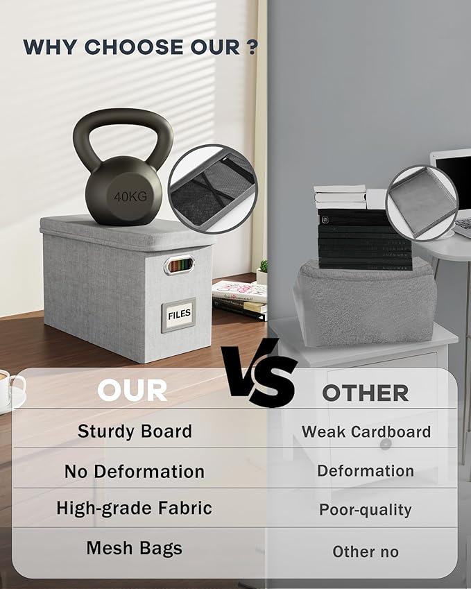 Oterri File Organizer Box with Lid, Hanging Filing File Box with Mesh Pocket, Document Organizer Box for Letter Files, Portable Storage Box with Smooth Sliding Rail for Office&Home(1 PCS, Grey)