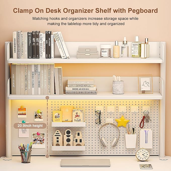 Clamp on Desk Shelf with Pegboard, White Desktop Organizer Bookshelf Storage Shelves for Home Office Dorm Gaming Desk, Space Saving Tabletop Display Rack Organization, 31.5x37.5in