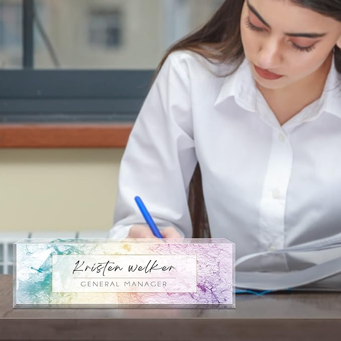 Desk Name Plate Personalized, Premium Blue Purple Texture Acrylic Desk Name Plate, Personalized Name Plate for Desk, Office Decor for Women or Men Coworkers, Boss, Employee, Teacher