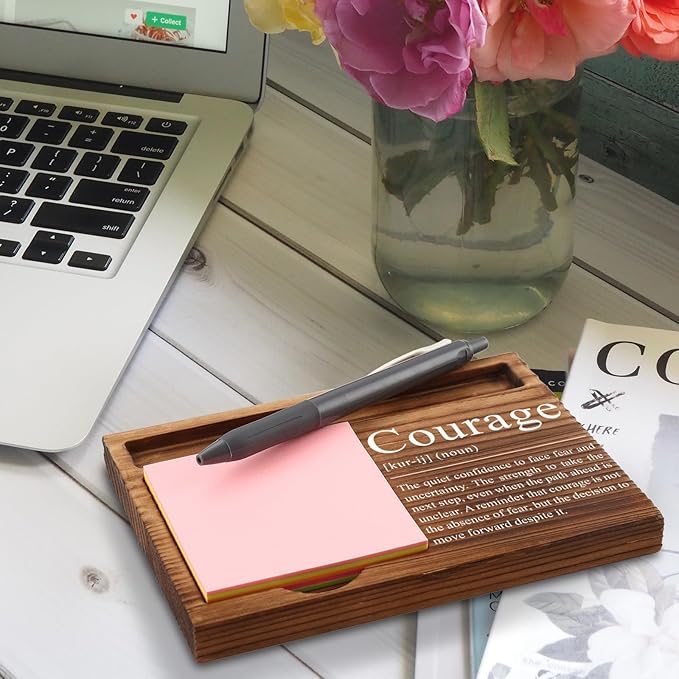 Courage Definition Sticky Note Holder, Inspirational Wooden Desk Gift with Motivational Quote, Encouragement Office Decor for Women, Men, Graduates, Coworkers, Motivational Note Pad Holder ZSS96
