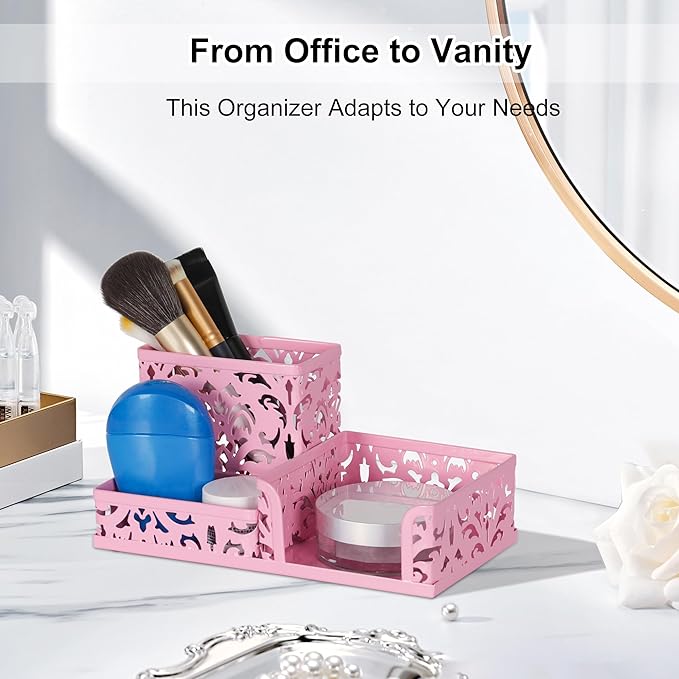 EasyPAG Desk Organizer 3 Compartment Pen Holder for Desk Office Supplies Caddy with Sticky Notes Holder for School Home, Pink