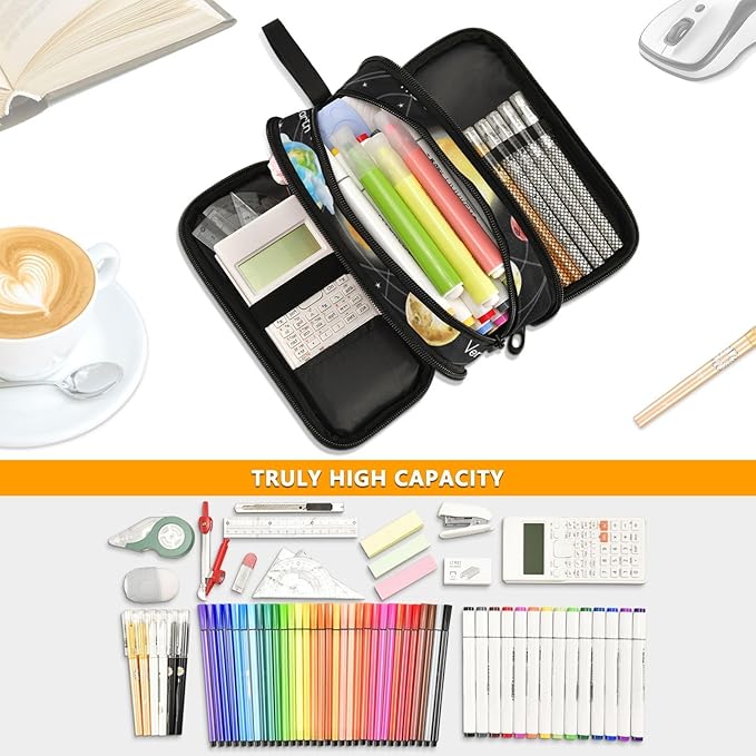 Solar System Space Planets Pencil Case Box Boys Girls Large Pencil Pouch with Zipper Compartments Big Capacity Stationery Pen Bag Organizer for Kids Teens Adults School