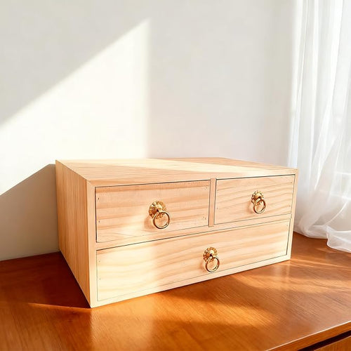 2 Layer Desk Organizer Wooden Desktop Organizer Tabletop Storage Organization Box Natural Wood Counter Drawer with Metal Handle 3 Drawer for Desk Accessories Home Office Counter Craft Decor