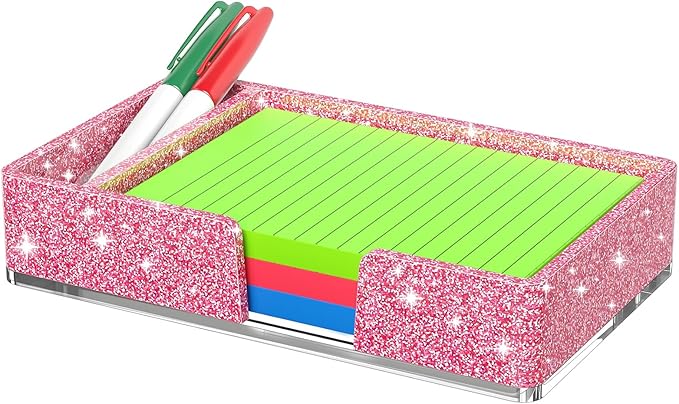 Sticky Note Holder with Pen Slot, Glitter Pink Acrylic Notepad Holder 4x6 in Self-Stick Note Dispenser Office Desk Accessories, Memo Pad Holder Organizer for Classroom School Supplies