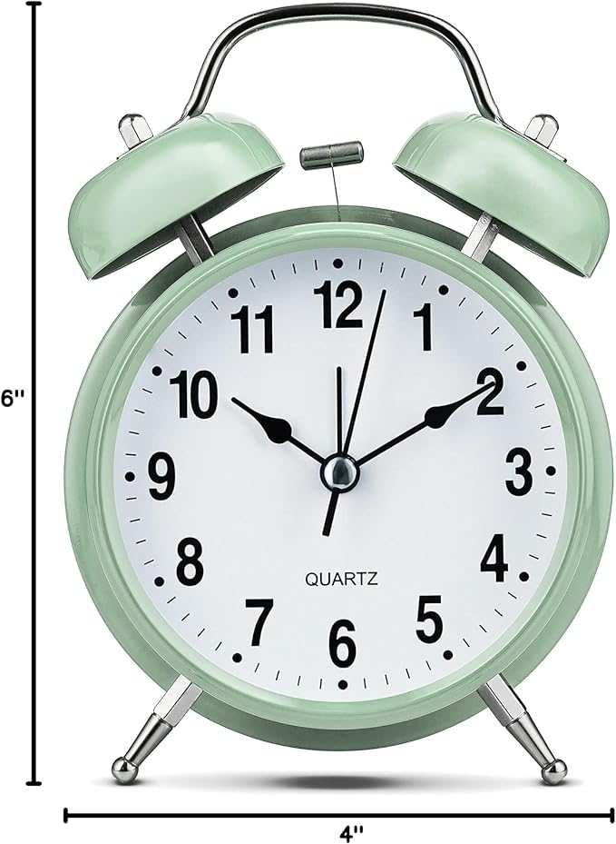 Bernhard Products Analog Alarm Clock 4" Twin Bell Green Silent Non-Ticking Quartz Battery Operated Extra Loud with Backlight for Bedside Table Vintage Retro Style, Decorative Desk Clocks (Pistachio)