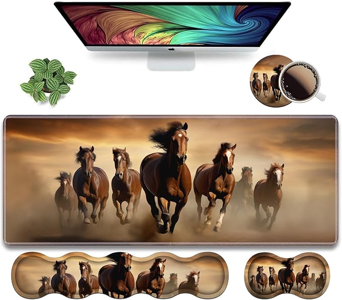 Ergonomic Keyboard Wrist Rest and Mouse Pad Wrist Rest Set, Large XXL Gaming Mousepad 31.5"x 11.8", Memory Foam, Easy Typing Pain Relief, Multifunctional Desk Mat for Office & Home, Galloping Horse