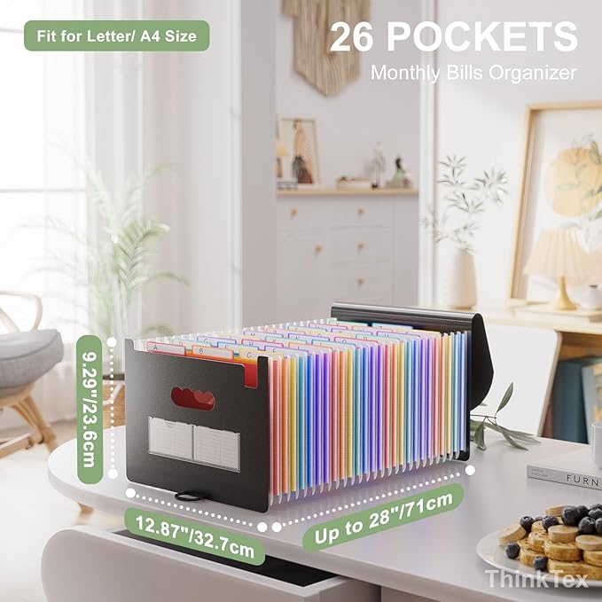 ThinkTex 26 Pockets File Folder, A4 Accordion File Organizer, Letter Size Expandable File Folders, Accordion Folder Paper Coupon Bill Receipt Organizer with 3 A-Z Alphabet Colored Tabs