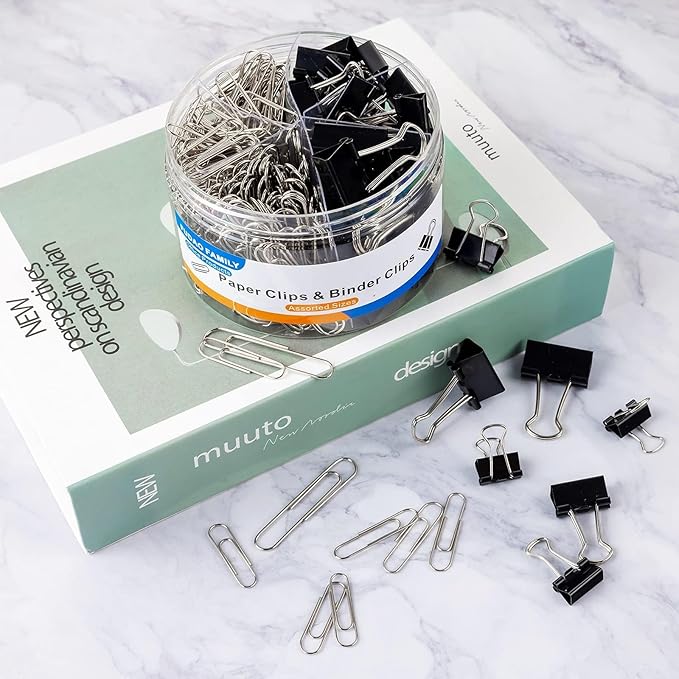 FUDAO FAMILY Paper Clips & Binder Clips, 340 PCS Assorted Sizes, Silver & Black, Metal, Medium, Large, Small