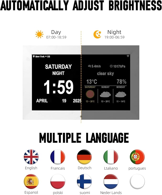 Digital Alarm Clock, Multiple Alarm Functions, Clock with Date and Week, Digital Alarm and Electronic Calendar for Seniors (White, 10 inch WiFi)