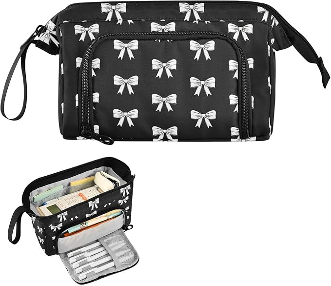 Ribbon Bow Black Pencil Case Pouch Big Capacity Pencil Bag Box Organizer Pen Case with Zipper Pencil Boxes for Girls Boys Women School College Office