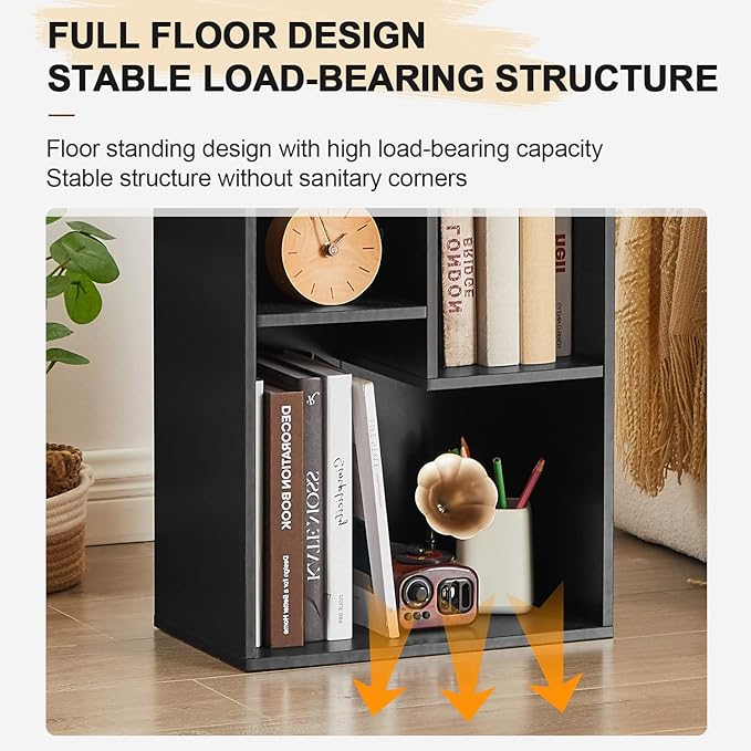 VECELO 4-Tier Slim Bookcase, Modern Storage Cabinet, Slim Bookshelf, Fits Tallest Hardcover, 5 Cubes, Vertical or Horizontal, Easy Assembly, Black