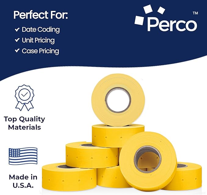 Perco 2 Line Yellow Labels - 80 Rolls, 10 Sleeves, 80,000 Blank Price and Date Gun Labels for Perco 2 Line Price and Date Guns - Made in USA