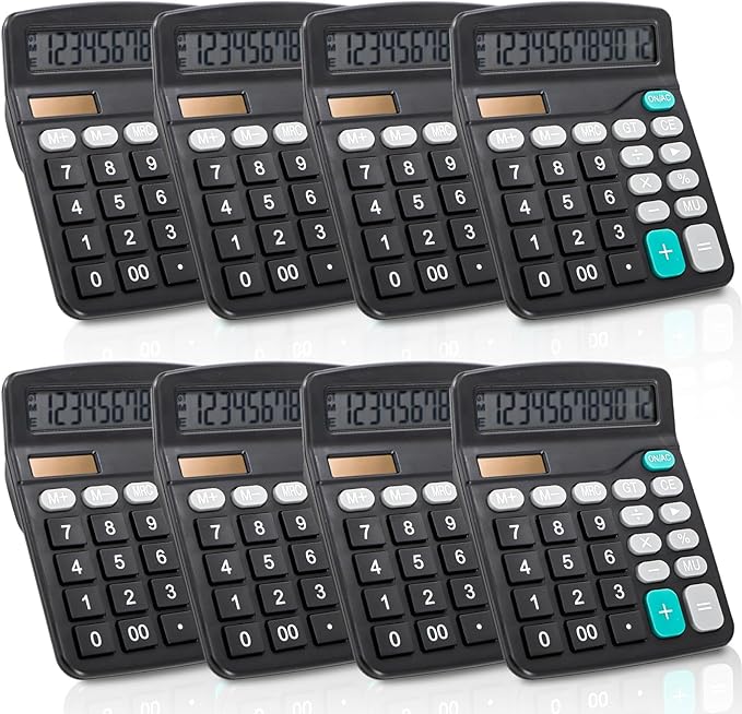 8 Pack Desktop Calculator 12 Digit, Solar Battery Basic Calculators, Dual Power Electronic Calculators with Large LCD Display, Sensitive Button Handheld Calculator for Office Home School, Black