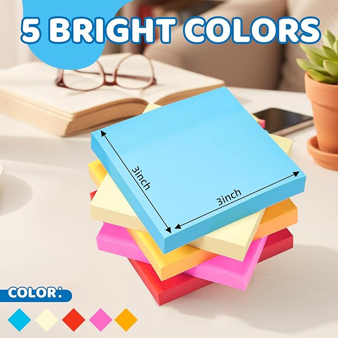 Eaasty 12000 Sheets, 120 Pack Sticky Notes Bulk 3x3 Inch Bright Colors Self Stick Pads 5 Bright Colors 100 Sheets/pad Colorful Post Stickies for Walls Doors Windows Notebook Office Home School Meeting