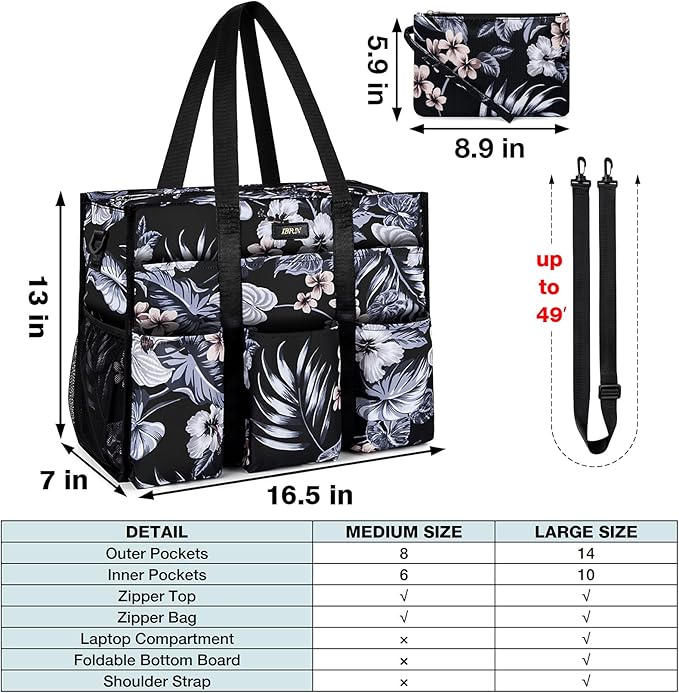 IBFUN Utility Tote Bag with 14/24 Pockets Zip Top Teacher Tote Bag for Teacher/Work Women