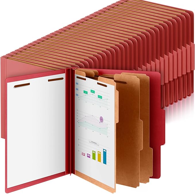 Skyygemm 60 Pcs Classification Folders Letter Size, 3 Divider Pressboard File Folder with Fasteners, Expanding File Organizer Bulk for Teachers, Clergy, Office, Church, Christmas Donations (Red)