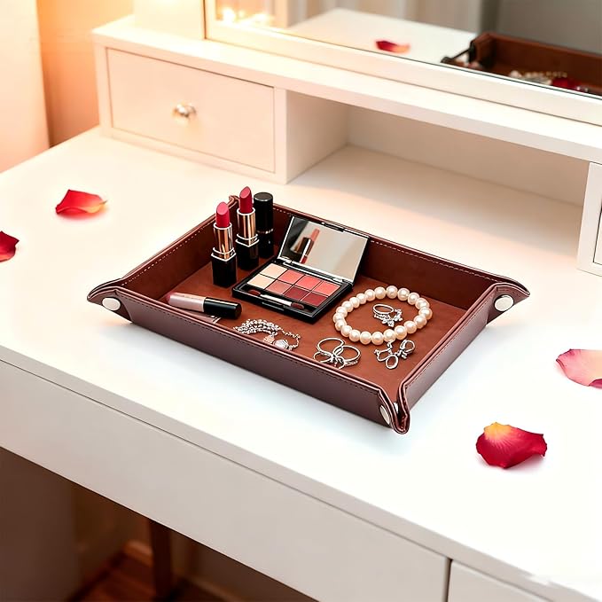Leather Valet Tray Organizer, Catchall Tray, Desktop Storage for Keys, Coins, Wallet, Phone, Jewelry | Multi-Use Entryway Table, Desk & Nightstand Storage for Men & Women (Maroon)