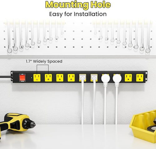 10 Outlet Metal Power Strip with 2100J Surge Protector, Heavy Duty 6FT Extension Cord, Wide Spaced Outlets and Wall Mount for Garage, Workshop, Industrial, Home, Ideal Gift for Father (6ft)