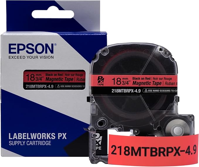 Epson LABELWORKS 218MTBRPX-4.9 Genuine Magnetic Tape Cartridge - Black on Red Magnet Label Maker Tape - 3/4" (18MM) Wide, 4.9 ft, Red