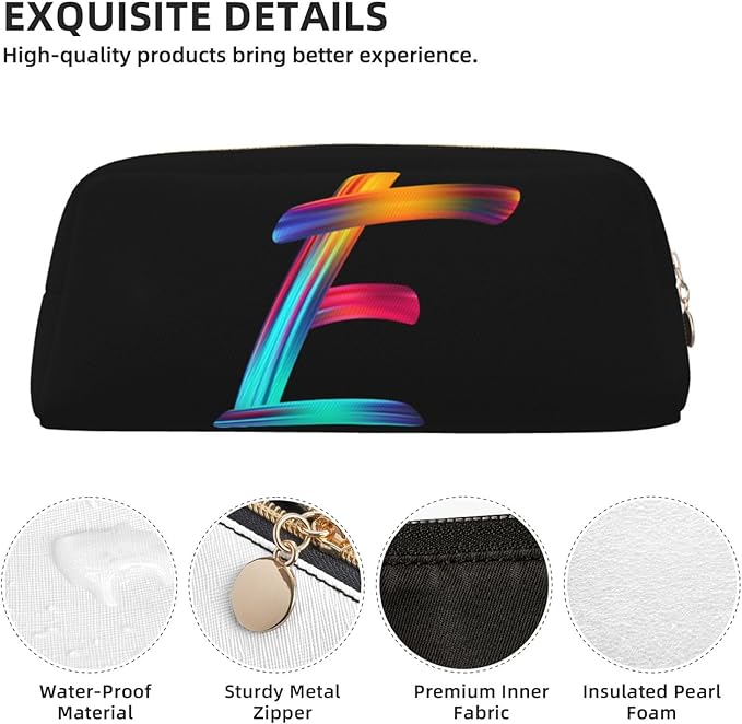 Cute Initial Pencil Case for Kids Simple Leather Pencil Pouch for Boys Girls Letter Design Pencil Box Pen Bag Pencil Pouch Office Stationery Organizer, Rainbow Letter E