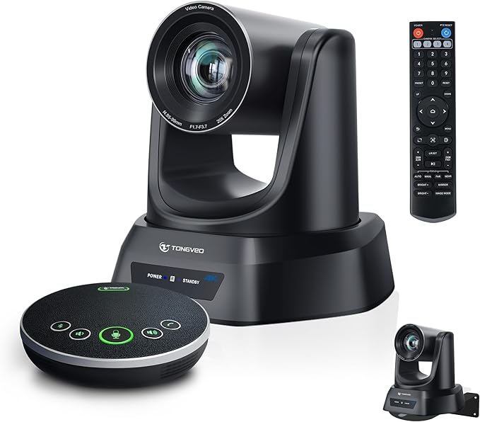 TONGVEO 4K AI Auto Tracking PTZ Conference Camera System with Bluetooth Speakerphone & Microphone, 20X Optical Zoom, USB3.0 HDMI LAN PoE Power Camera for Church Worship, Meetings, Streaming