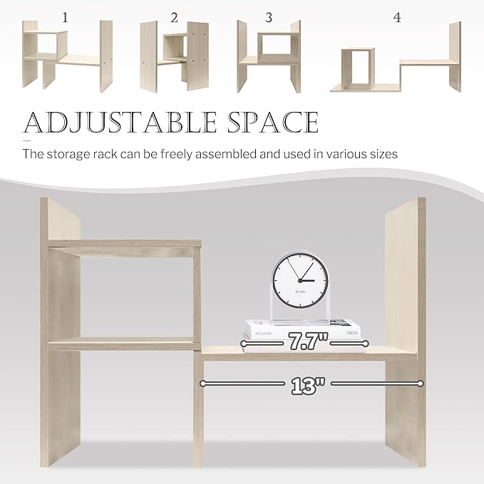 Jerry & Maggie Desktop Organizer Office Storage Rack Adjustable Wood Display Shelf, White, 5 Units, 16"L x 15.8"H x 6.8"W