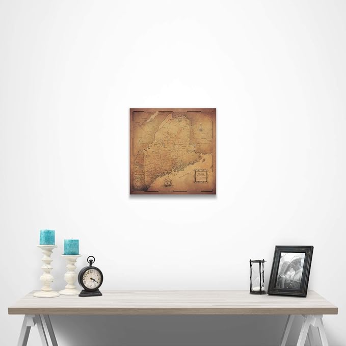 Push Pin Maine Map Board - With Push Pins to Mark Maine Travel - Handmade in Ohio, USA - Design: Golden Aged