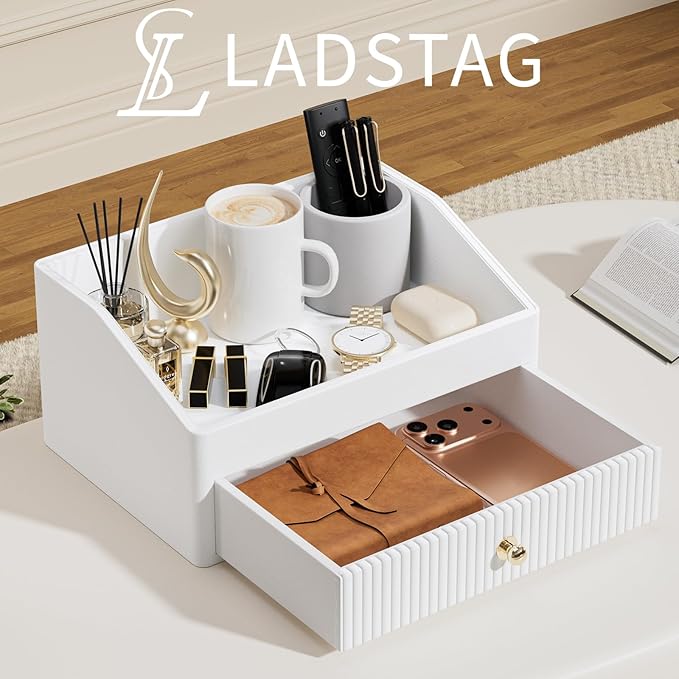 Office Desk Accessories,Beige White Vegan Leather Office Organizer with 1 Drawer & Tray,Pen Holder with Gold-Tone Metal Accents Knob for End Tables,Bedside Table,Bedroom.