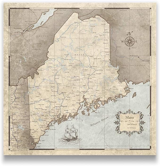 Push Pin Maine Map Board - With Push Pins to Mark Maine Travel - Handmade in Ohio, USA - Design: Rustic Vintage