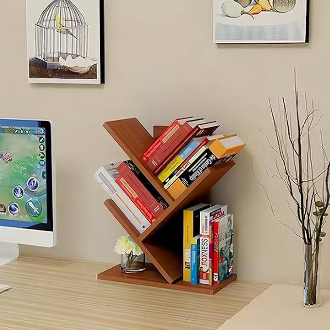 Godferyxin Tree Bookshelf,Small Bookshelf,3 Tier Wood Mini Book Shelf and Book Tree for Office, Home or School Desktop Book Shelf for for Displaying Books, CDs, Magazines Wood Storage Rack