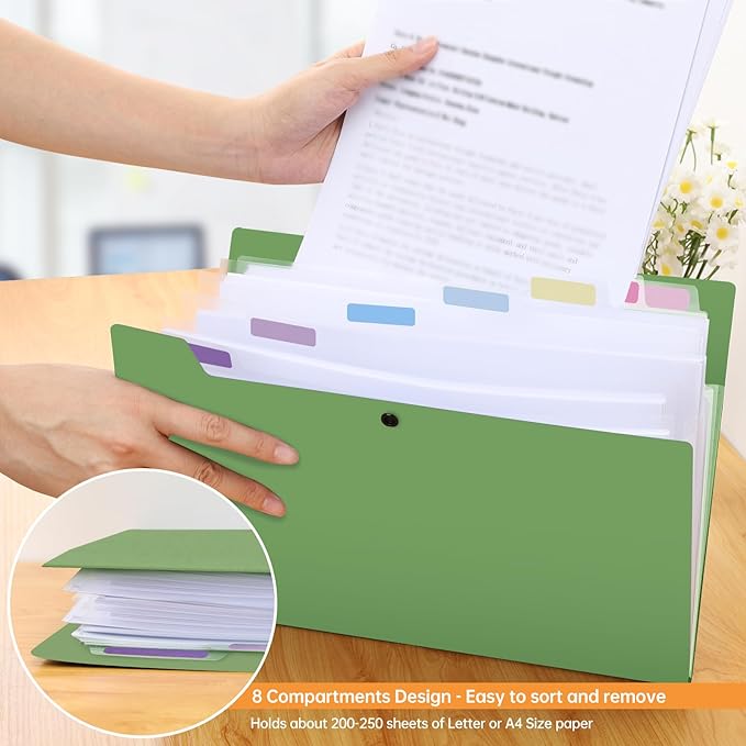 8 Pockets Expanding File Folder, Accordion File Organizer with Colorful Labels, Cute Folders for Documents, Portable File Folder Organizer for School Office Supplies, Letter Size, Green