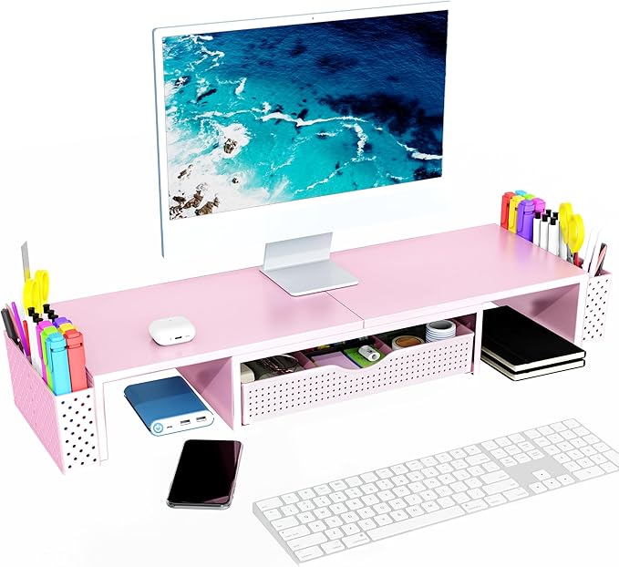 Spacrea Metal Desk Organizers and Accessories, Dual Monitor Stand Riser with Drawer and 2 Pen Holders, Desk Accessories & Workspace Desktop Organizers for Office Supplies (Pink)