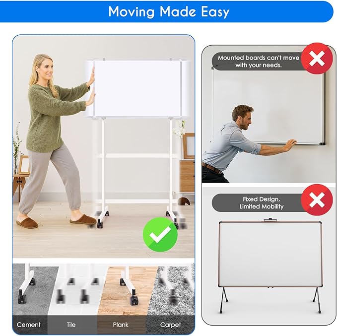 Maxtek Mobile Whiteboard Stand with Wheels, Height Adjustable No Drill Needed Dry Erase Board Easel Stand for Classroom, Office, Home & School, Whiteboard Stand Only