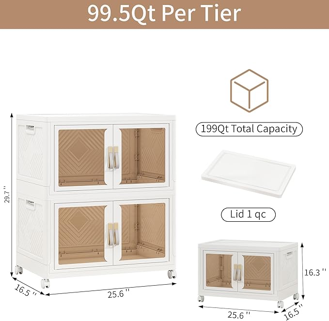 Large Clear Stackable Storage Bins with Lids, 597QT-99.5QT*6Tier Foldable Cabinet for Closet Organizers, Plastic Storage Box with Wheels White