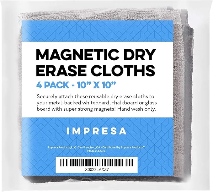 IMPRESA Magnetic Microfiber Dry Erase Cloth Erasers - 10 in x 10 in, Pack of 4, White - Streak-Free Whiteboard Eraser - Strong Magnetic Grip Dry Erase Board Cleaner - Machine-Stitched Microfiber Cloth