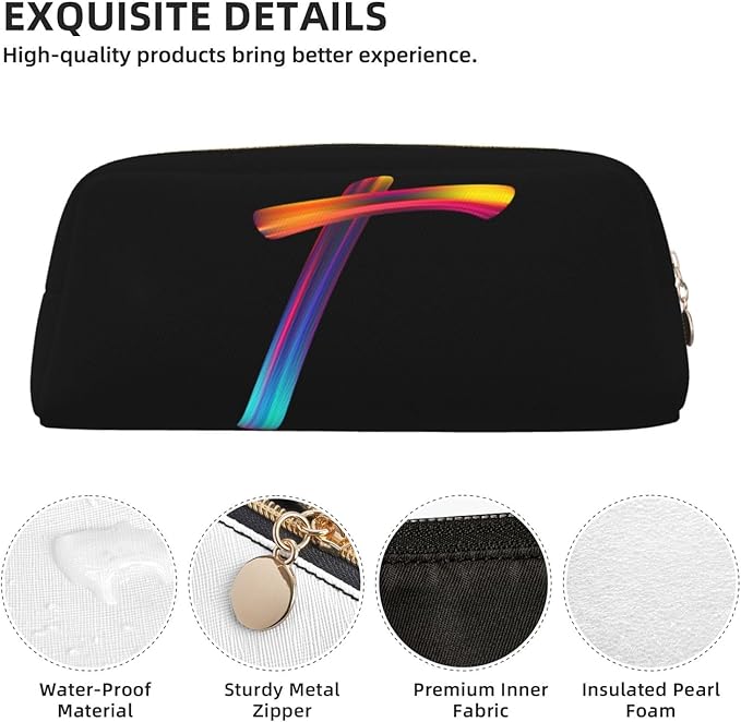 Cute Initial Pencil Case for Kids Simple Leather Pencil Pouch for Boys Girls Letter Design Pencil Box Pen Bag Pencil Pouch Office Stationery Organizer, Rainbow Letter T
